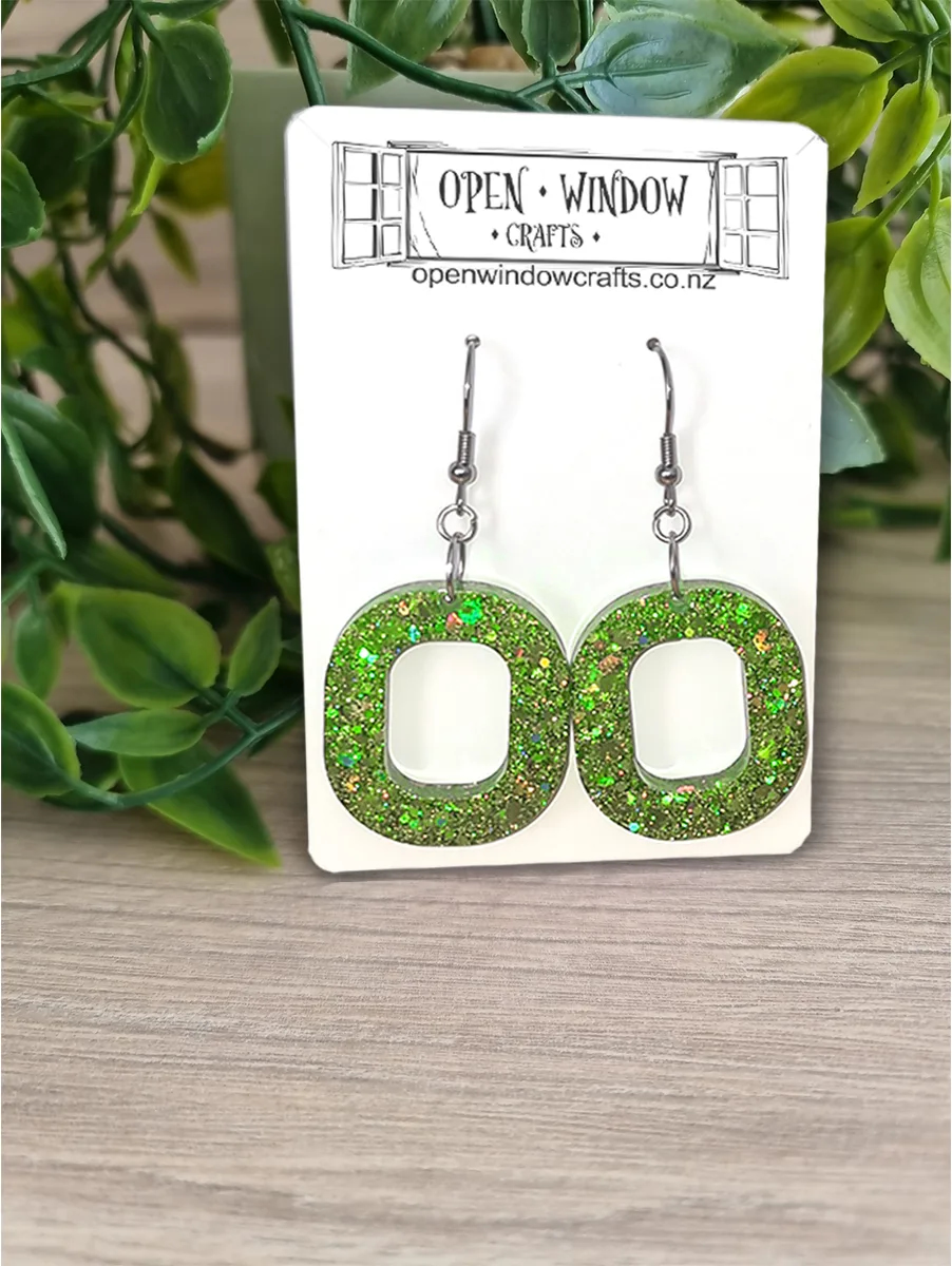 Unique Oval Green Glitter Resin Dangle Earrings - Green Resin Earrings – artisan resin jewelry piece