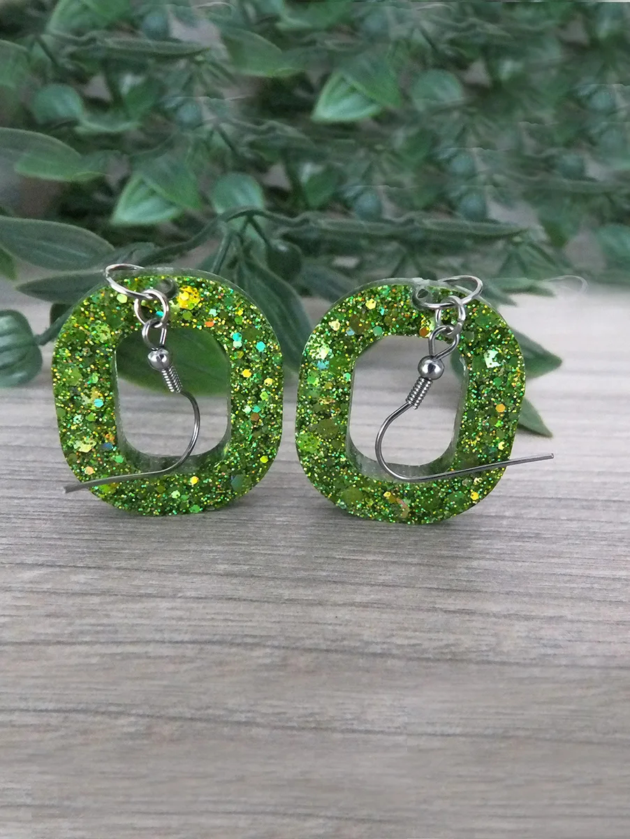 Unique Oval Green Glitter Resin Dangle Earrings - Green Resin Earrings – artisan resin jewelry piece