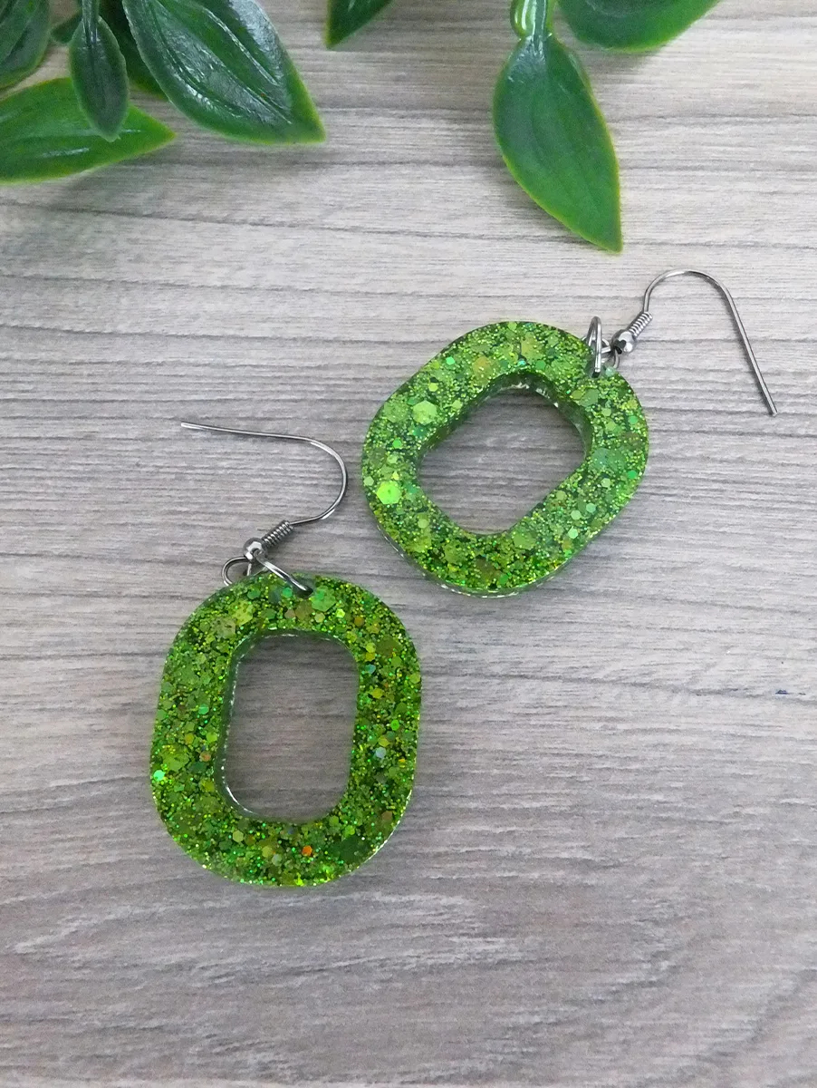 Unique Oval Green Glitter Resin Dangle Earrings - Green Resin Earrings – artisan resin jewelry piece