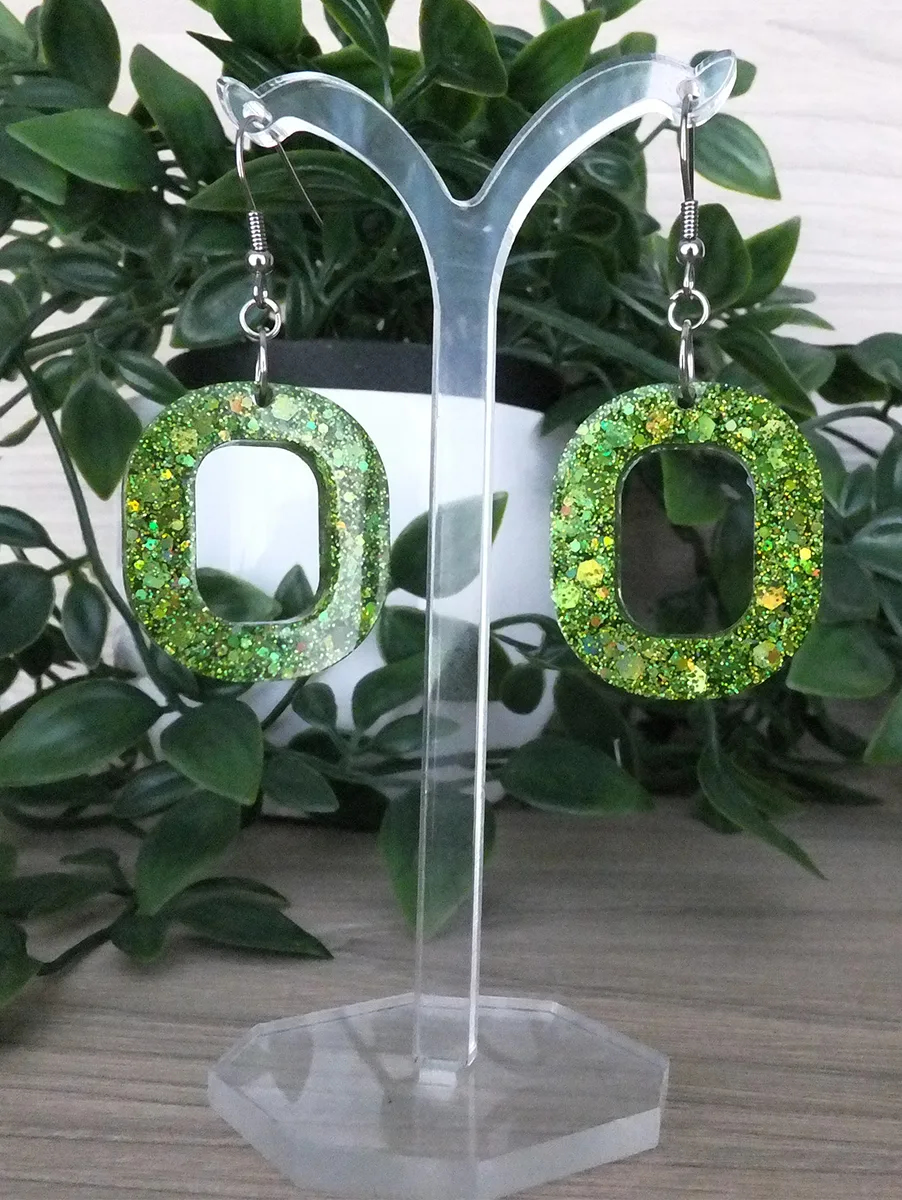 Unique Oval Green Glitter Resin Dangle Earrings - Green Resin Earrings – artisan resin jewelry piece