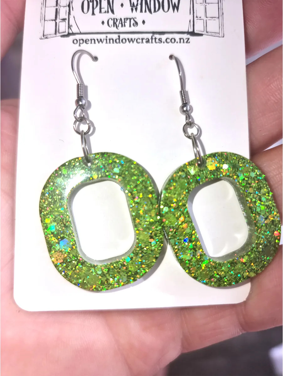 Unique Oval Green Glitter Resin Dangle Earrings - Green Resin Earrings – artisan resin jewelry piece