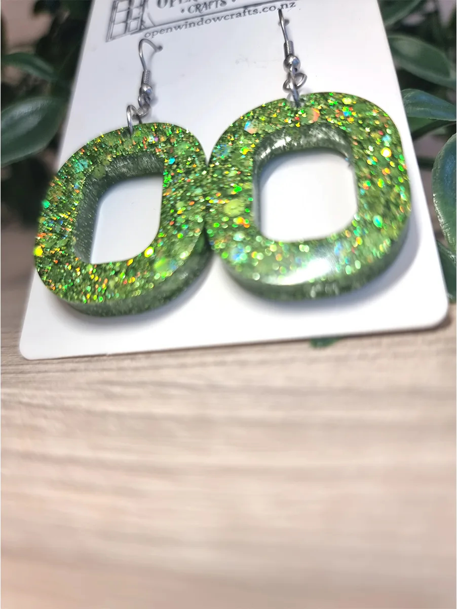 Unique Oval Green Glitter Resin Dangle Earrings - Green Resin Earrings – artisan resin jewelry piece