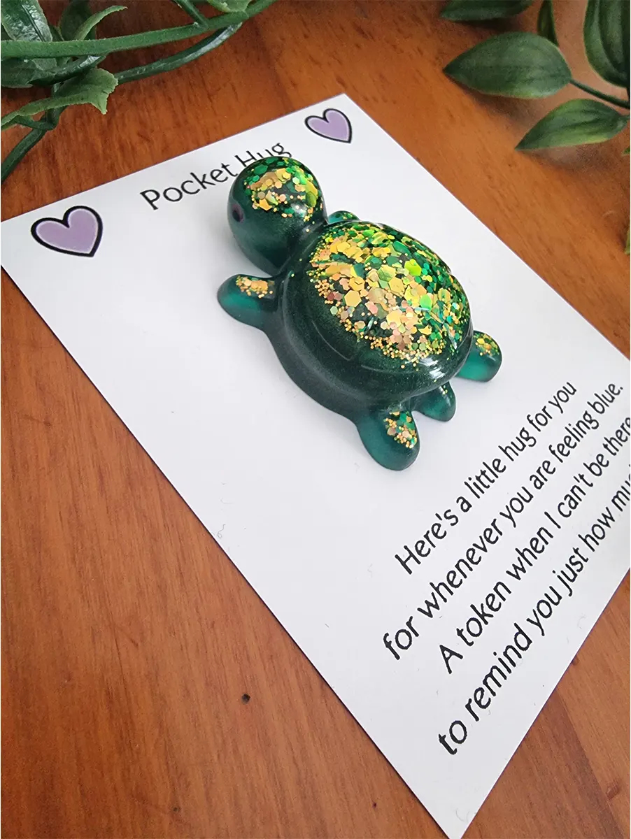 Comforting Green And Glitter Resin Turtle Pocket Hug – cute handmade resin pocket hug