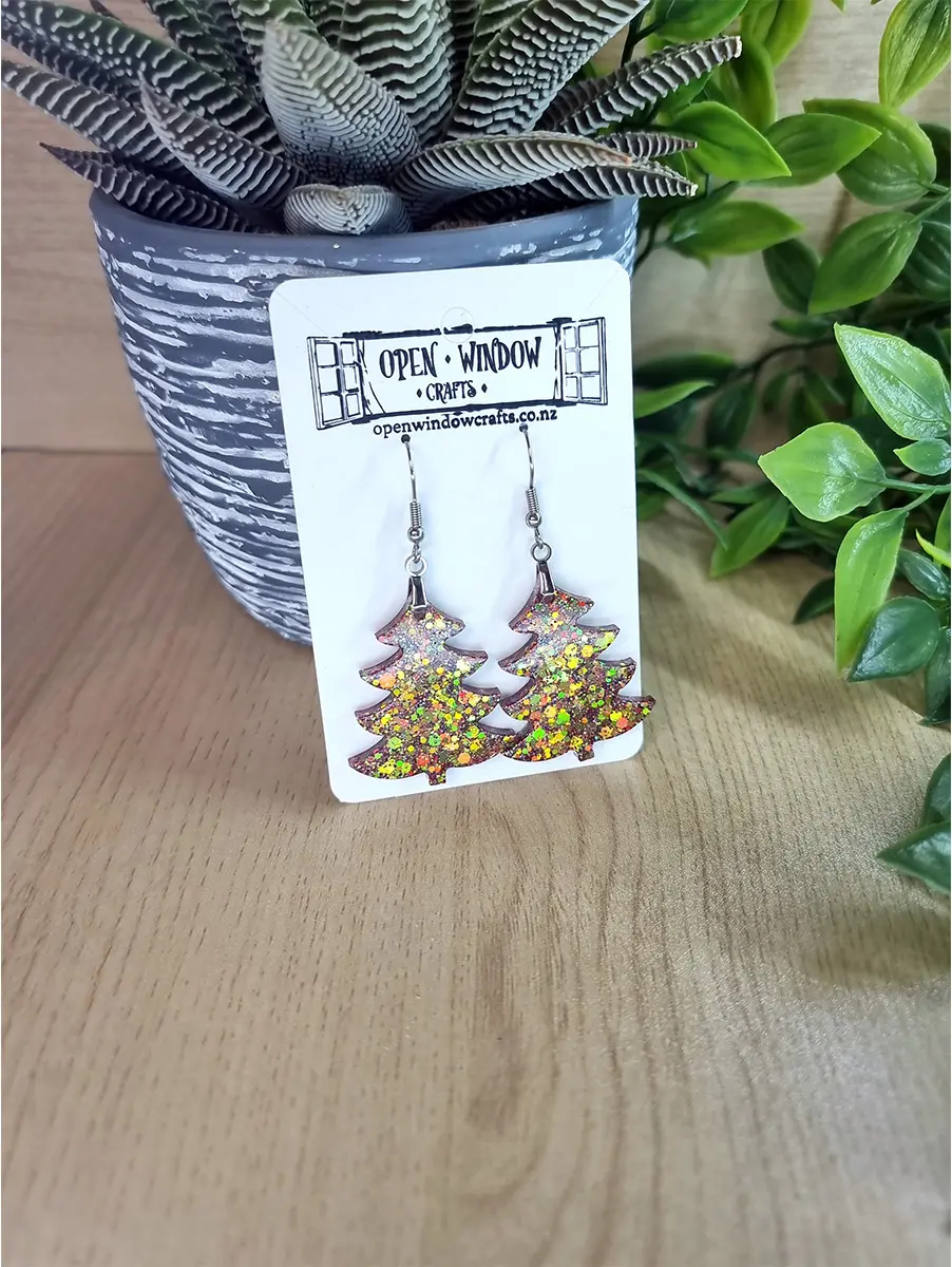 Unique Christmas Tree Mixed Glitter Earrings – artisan resin jewelry piece