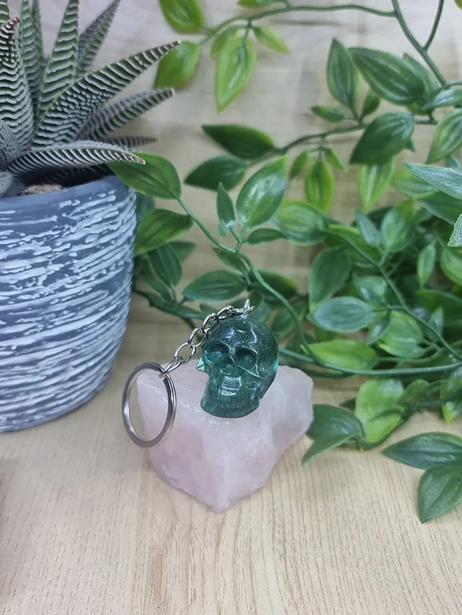 Green Half Translucent Mica Powder Resin Skull Keyring / Keychain