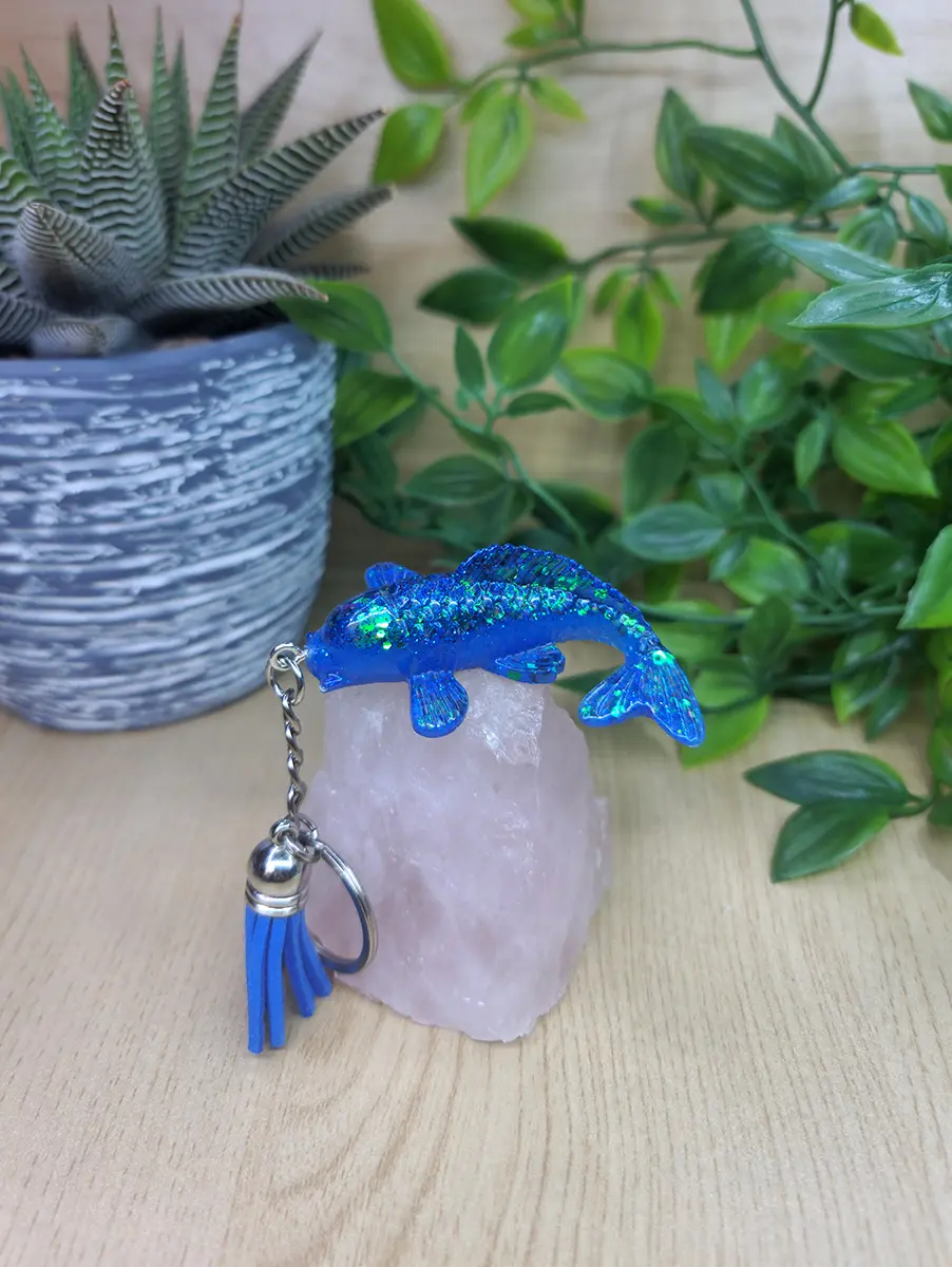Blue Resin Green Glitter Koi Fish Keychain Keyring