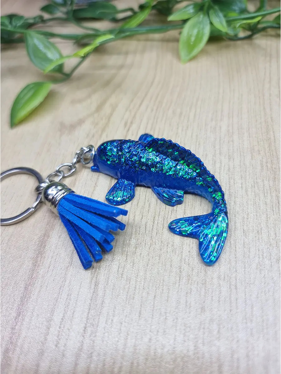 Blue Resin Green Glitter Koi Fish Keychain Keyring