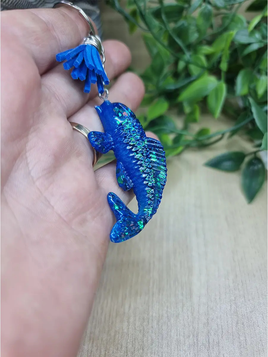 Blue Resin Green Glitter Koi Fish Keychain Keyring