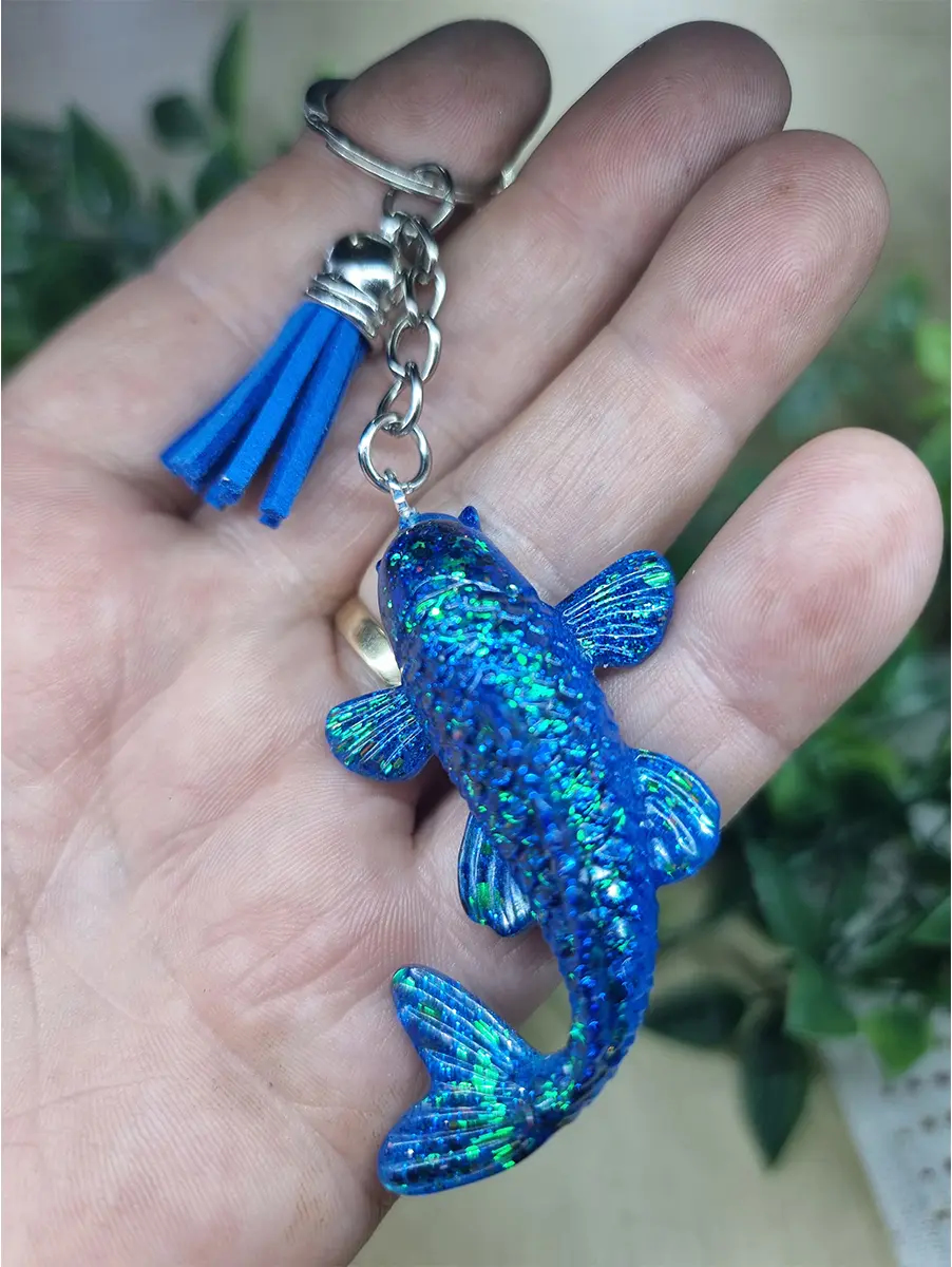 Blue Resin Green Glitter Koi Fish Keychain Keyring