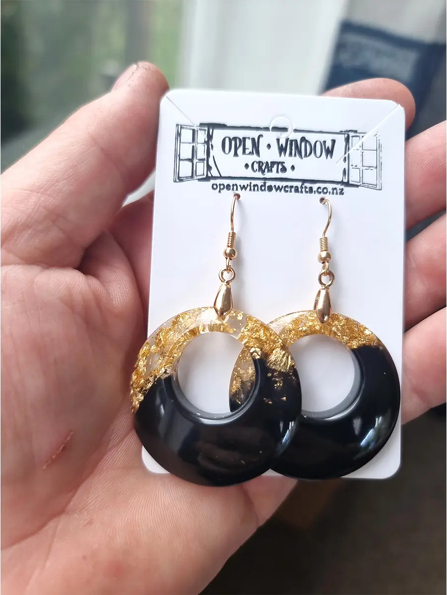 Unique Gold Flake Black Resin Round Dangle Earrings – artisan resin jewelry piece