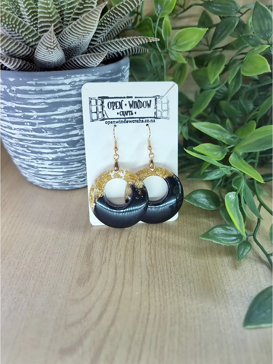 Unique Gold Flake Black Resin Round Dangle Earrings – artisan resin jewelry piece