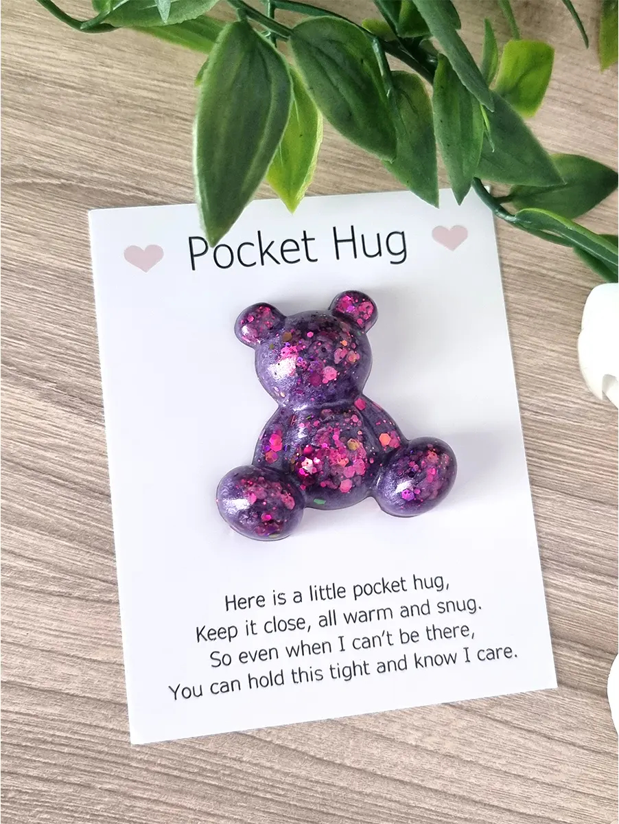 Tiny Pink Purple Resin Bear Pocket Hug – encouraging resin pocket hug