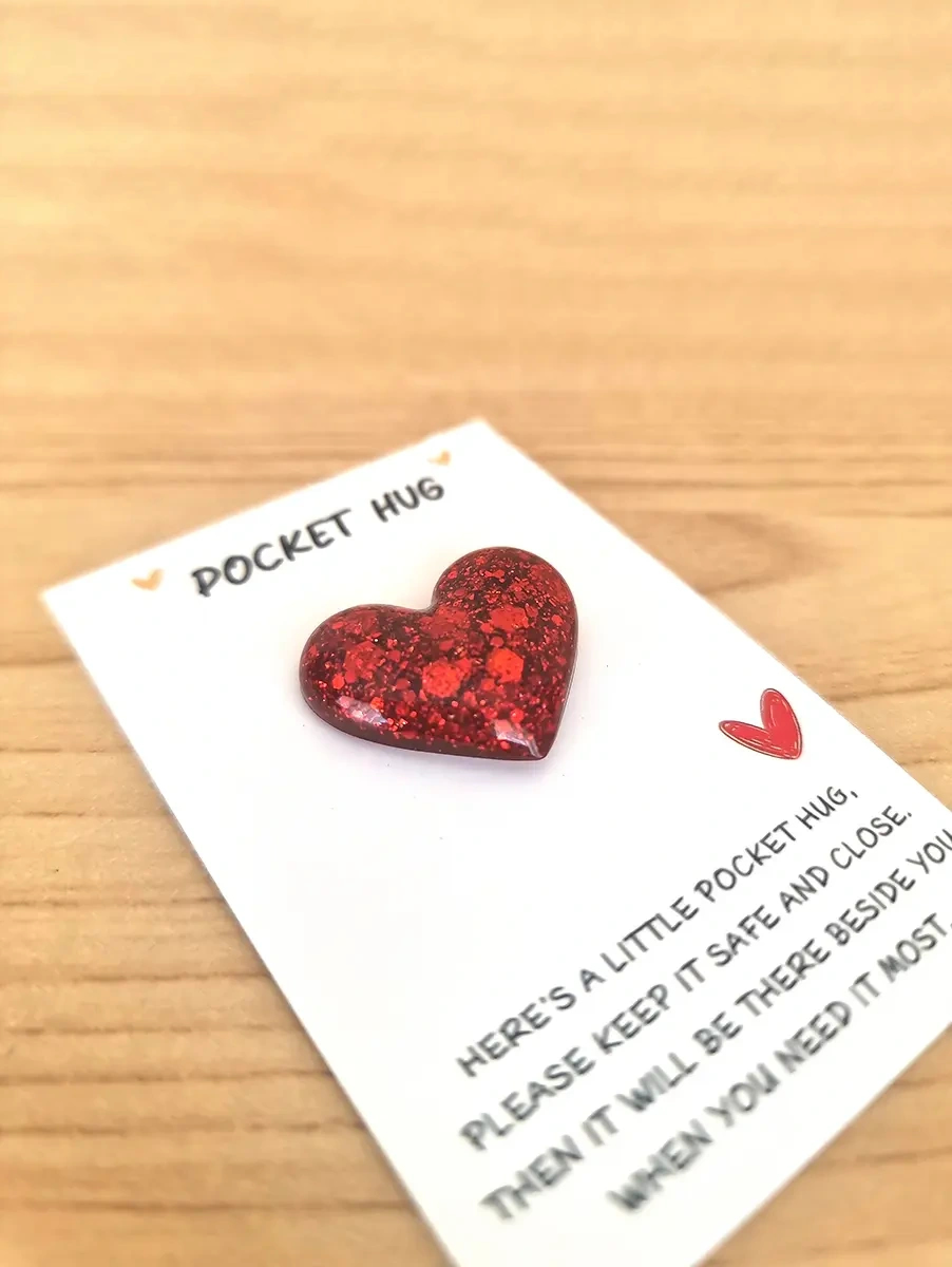 Handmade Red Glitter Resin Heart Pocket Hugs Various Sizes – small comforting resin hug