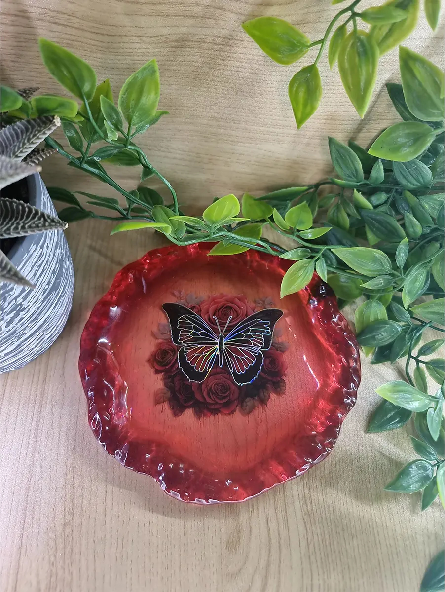 Large Holographic Red Butterfly Resin Trinket Tray (2)
