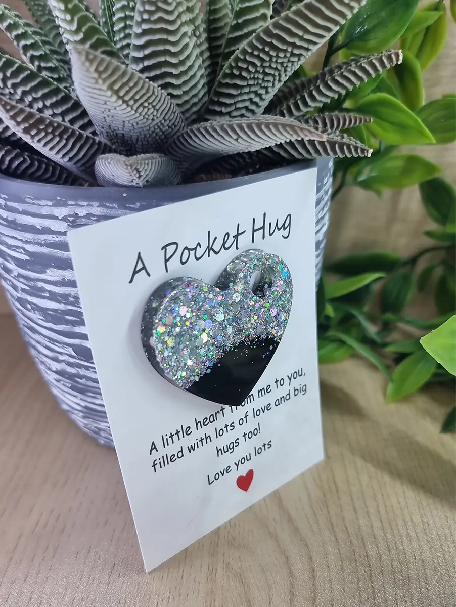 Silver Glitter Black Resin Heart Pocket Hug Open Window Crafts