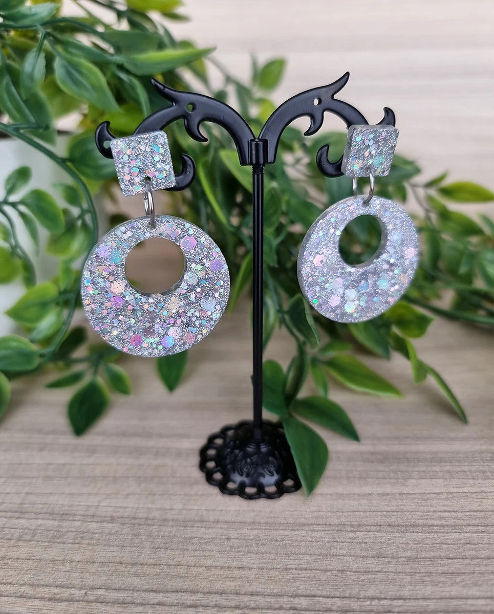 Round Silver Glitter Stud Earrings (2)