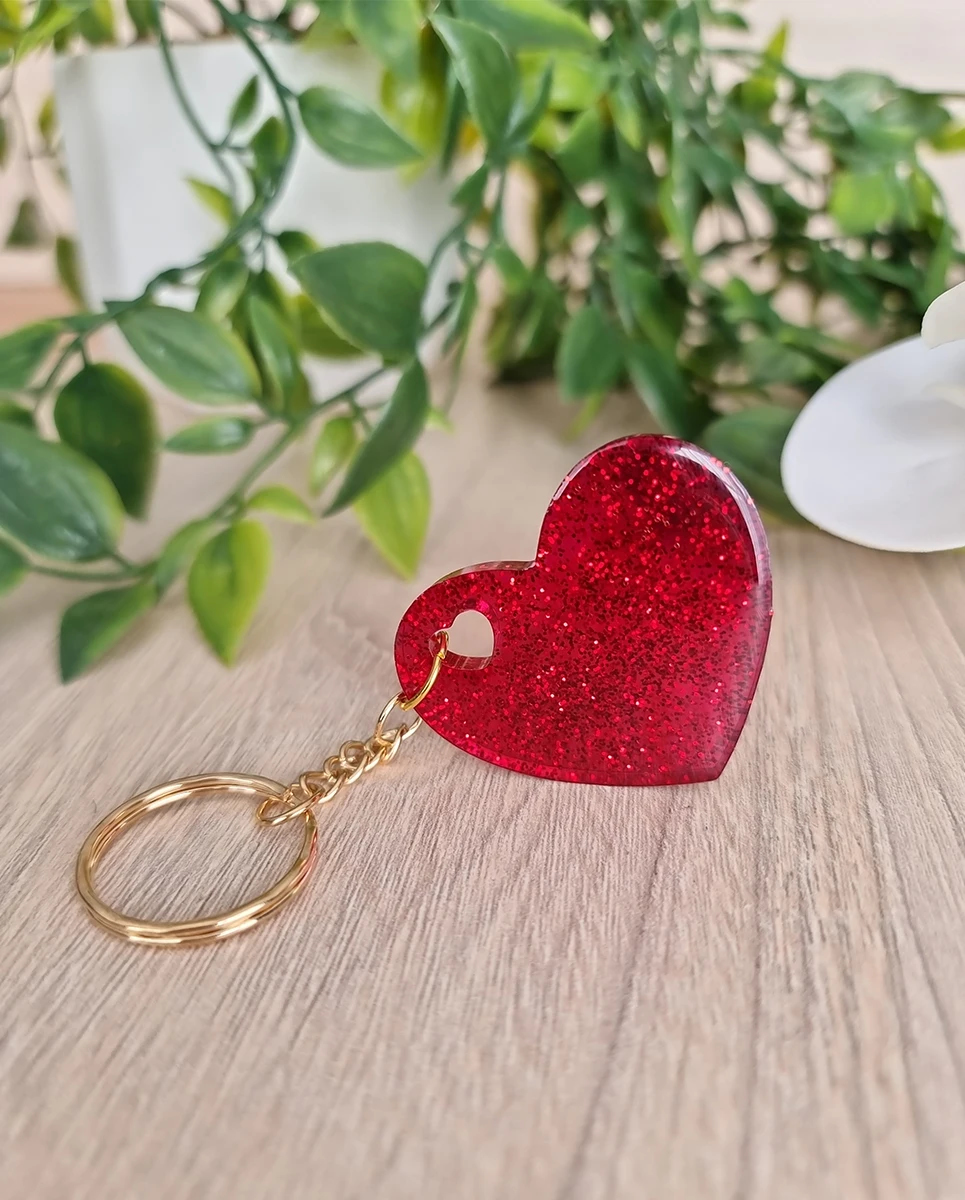 Red Glitter Heart Resin Key Rings - Resin Keychain