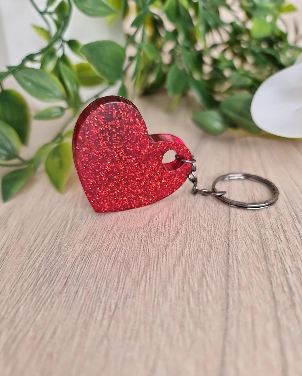 Red Glitter Heart Resin Key Rings - Resin Keychain