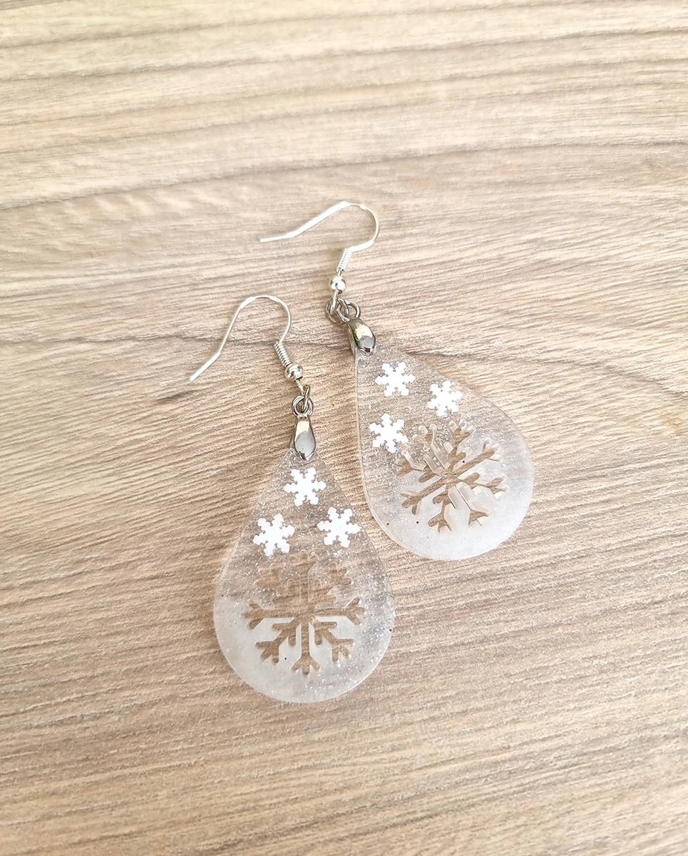 Unique Christmas Clear White Glitter Snow Flake Resin Earrings – artisan resin jewelry piece