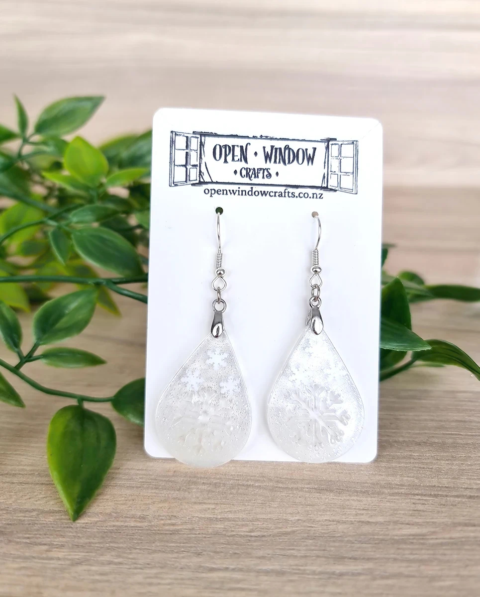 Unique Christmas Clear White Glitter Snow Flake Resin Earrings – artisan resin jewelry piece
