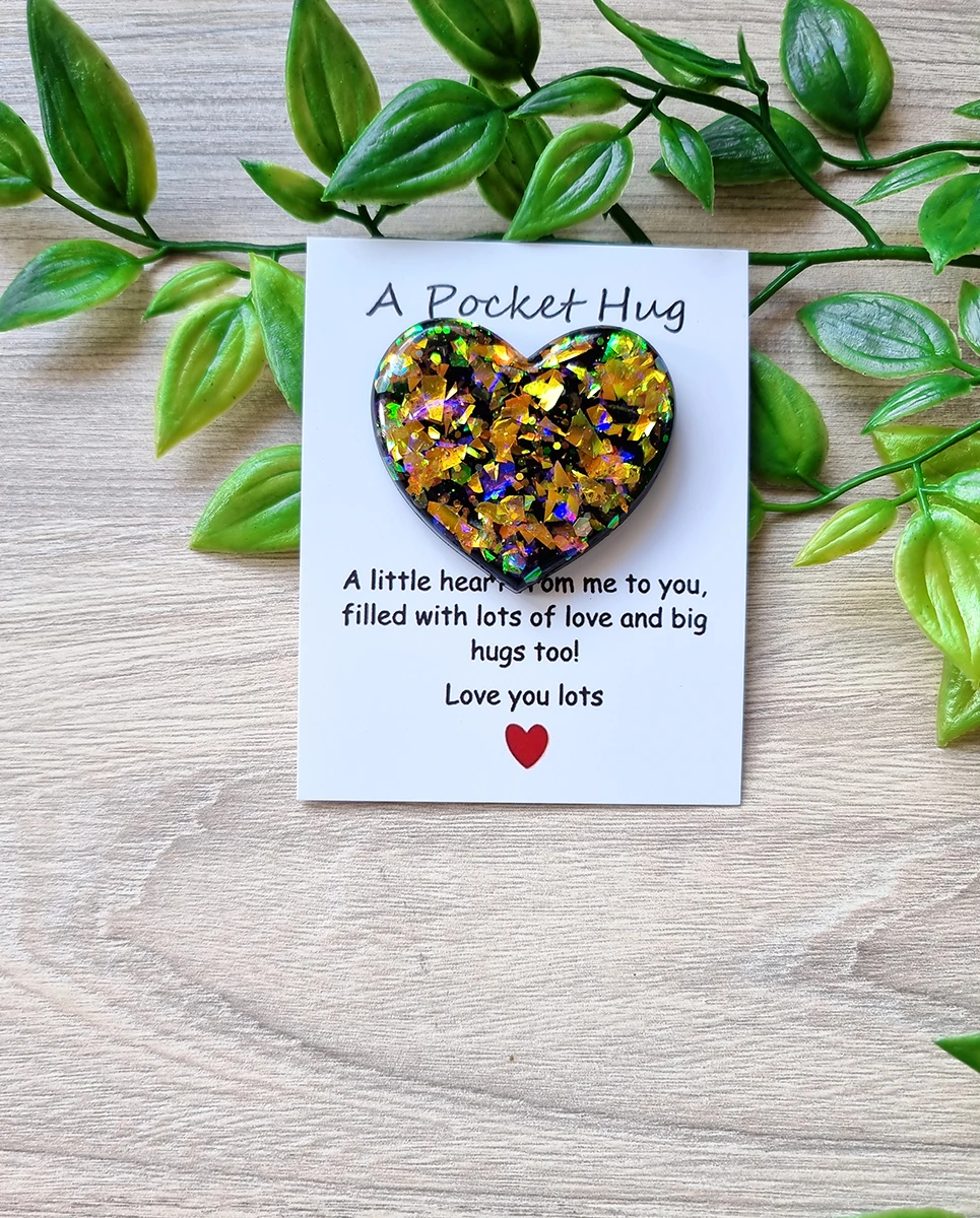 Green - Yellow - Purple Glitter Flake Heart Resin Pocket Hugs Various Sizes - 4cm x 4cm