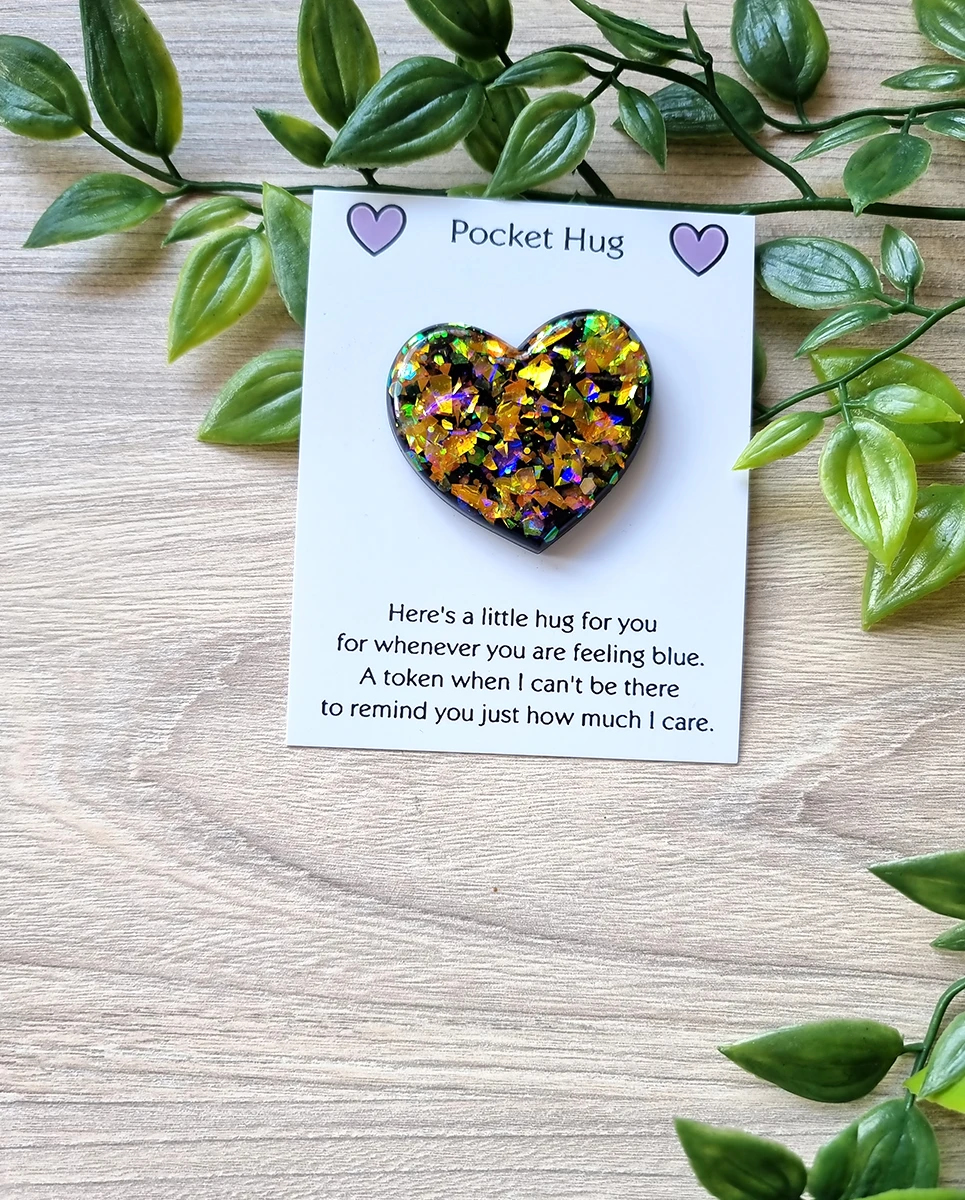 Thoughtful Green - Yellow - Purple Glitter Flake Heart Resin Pocket Hugs Various Sizes – portable resin pocket hug