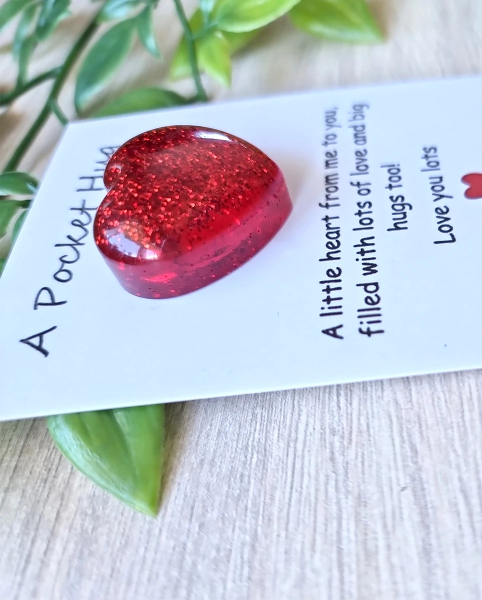 Handmade Red Glitter Heart Thick Resin Pocket Hug – small comforting resin hug