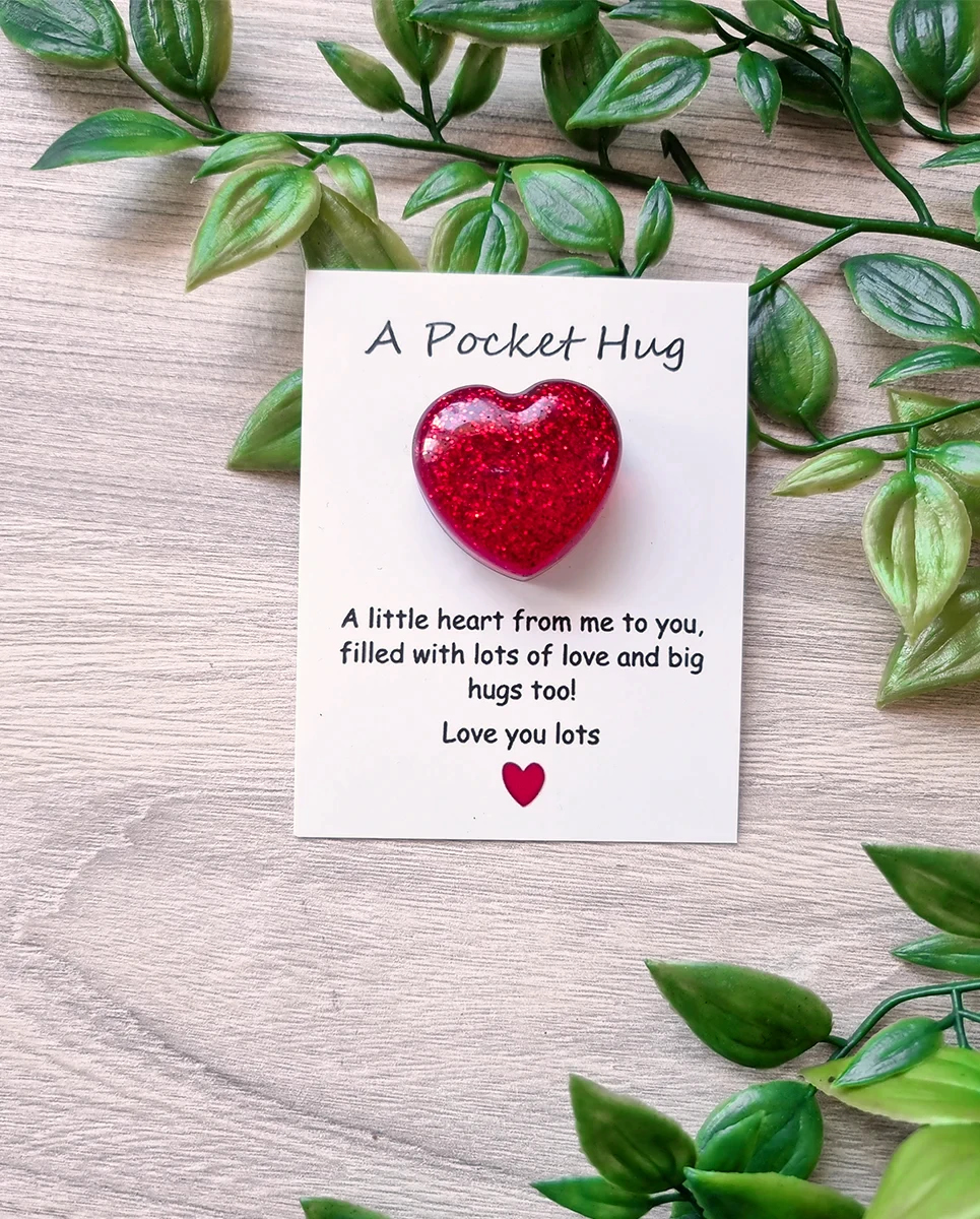 Handmade Red Glitter Heart Thick Resin Pocket Hug – small comforting resin hug