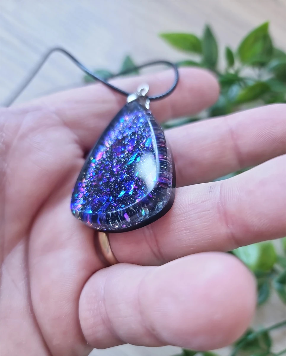 Beautiful Blue Purple Glitter Flake Resin Necklace – glossy handmade resin pendant
