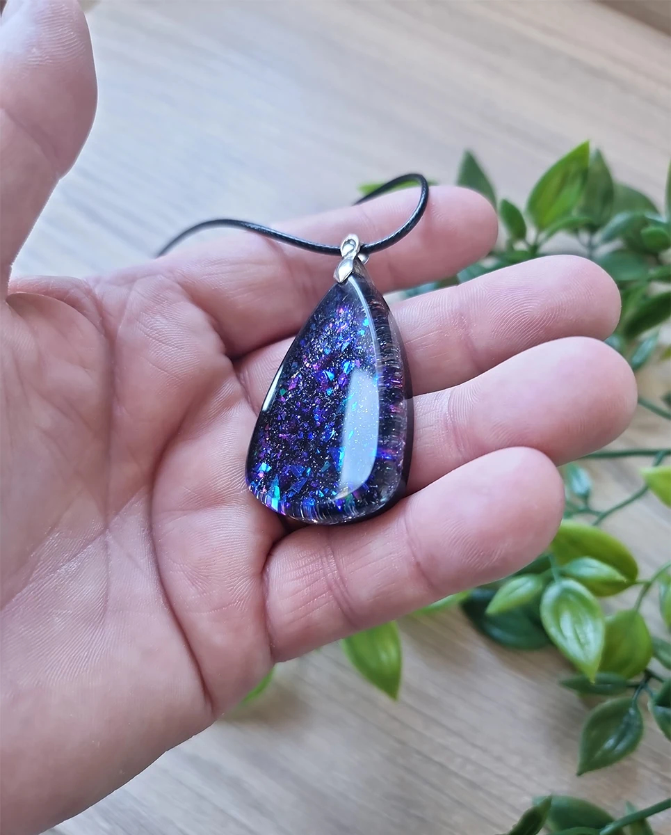 Beautiful Blue Purple Glitter Flake Resin Necklace – glossy handmade resin pendant