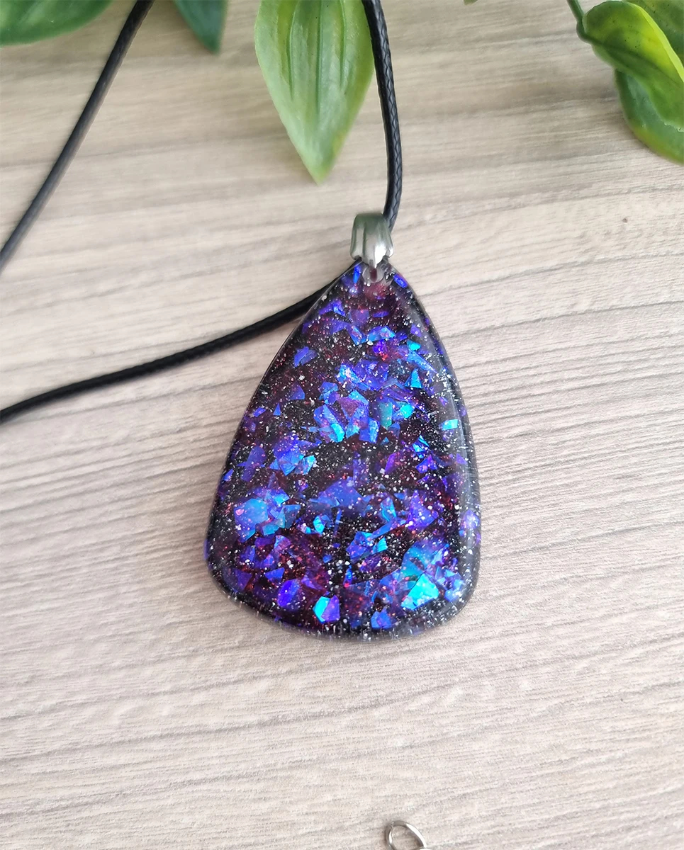 Beautiful Blue Purple Glitter Flake Resin Necklace – glossy handmade resin pendant