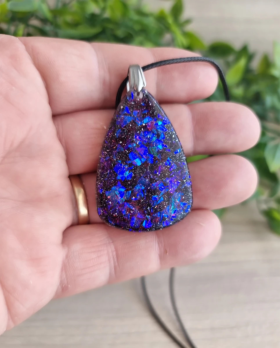Beautiful Blue Purple Glitter Flake Resin Necklace – glossy handmade resin pendant