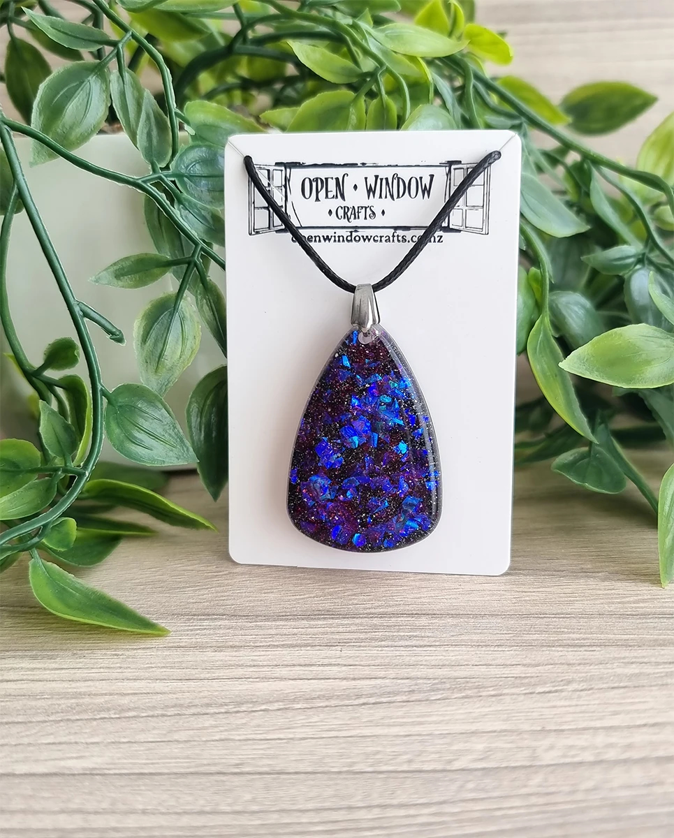 Beautiful Blue Purple Glitter Flake Resin Necklace – glossy handmade resin pendant