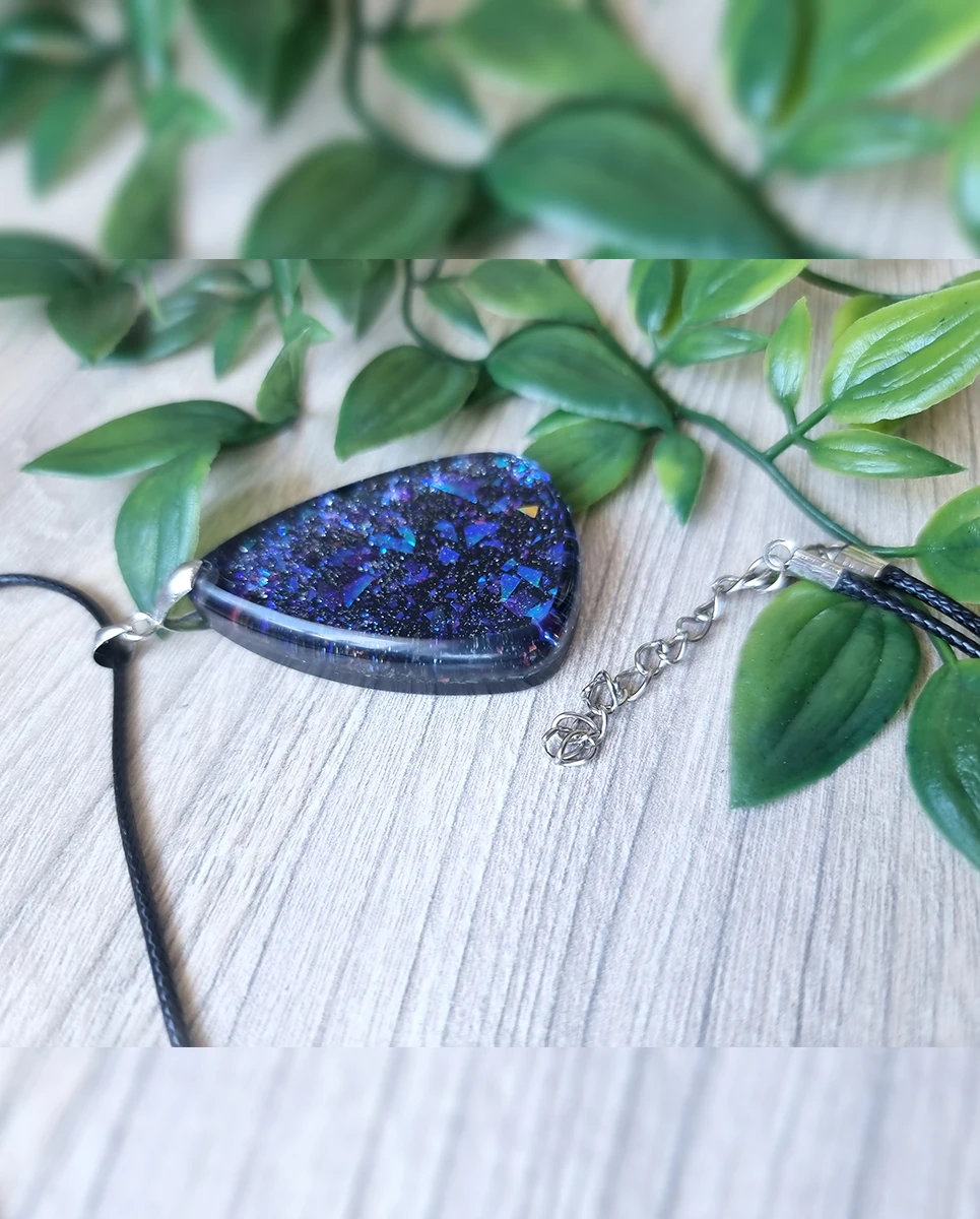 Beautiful Blue Purple Glitter Flake Resin Necklace – glossy handmade resin pendant